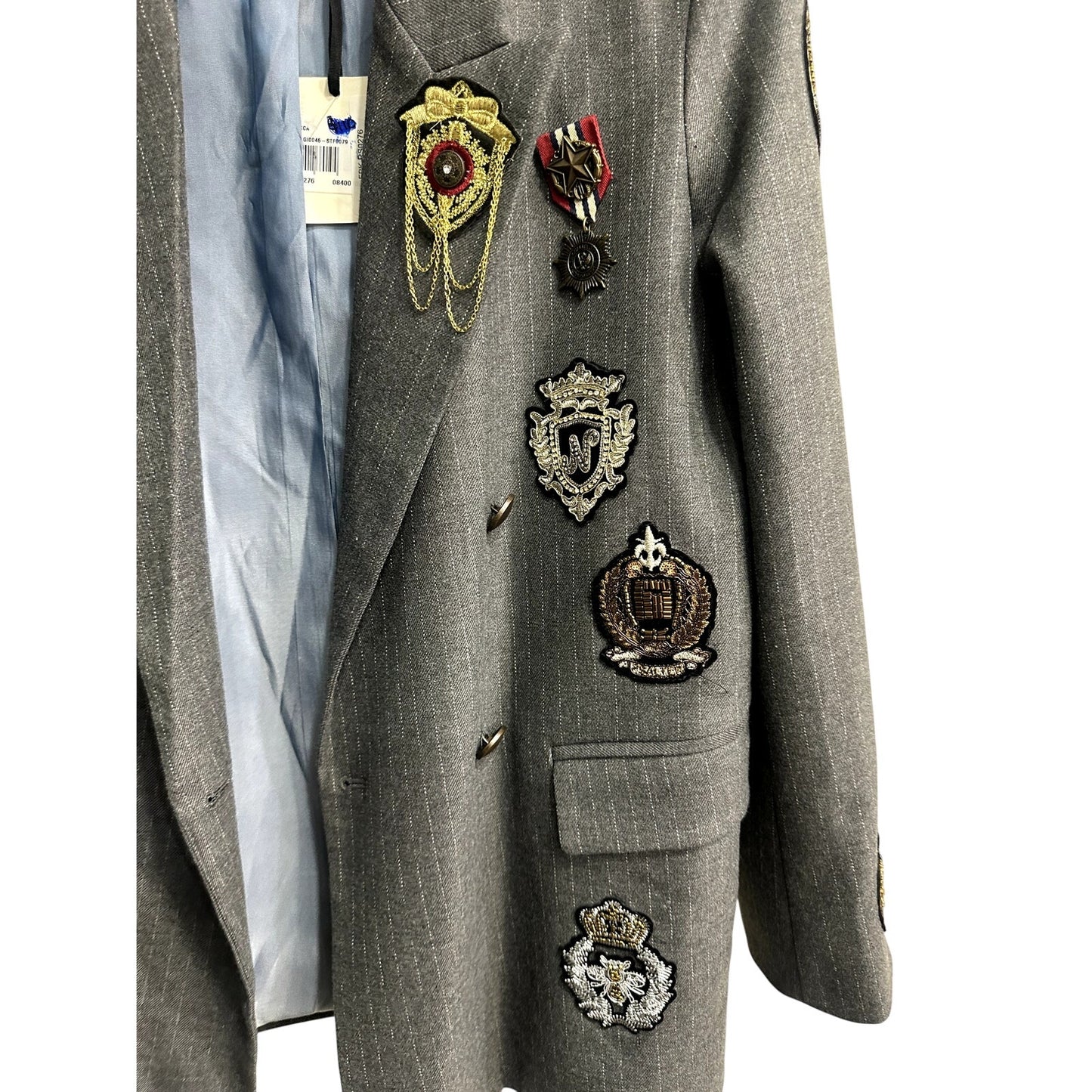 Vicolo Pinstripe Patch Accent Double Breasted Blazer Jacket