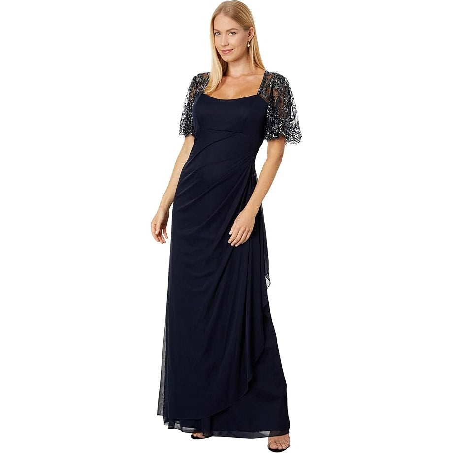 Xscape  Sheer Sequin Beaded Sleeve Ruched Jersey Maxi Dress
