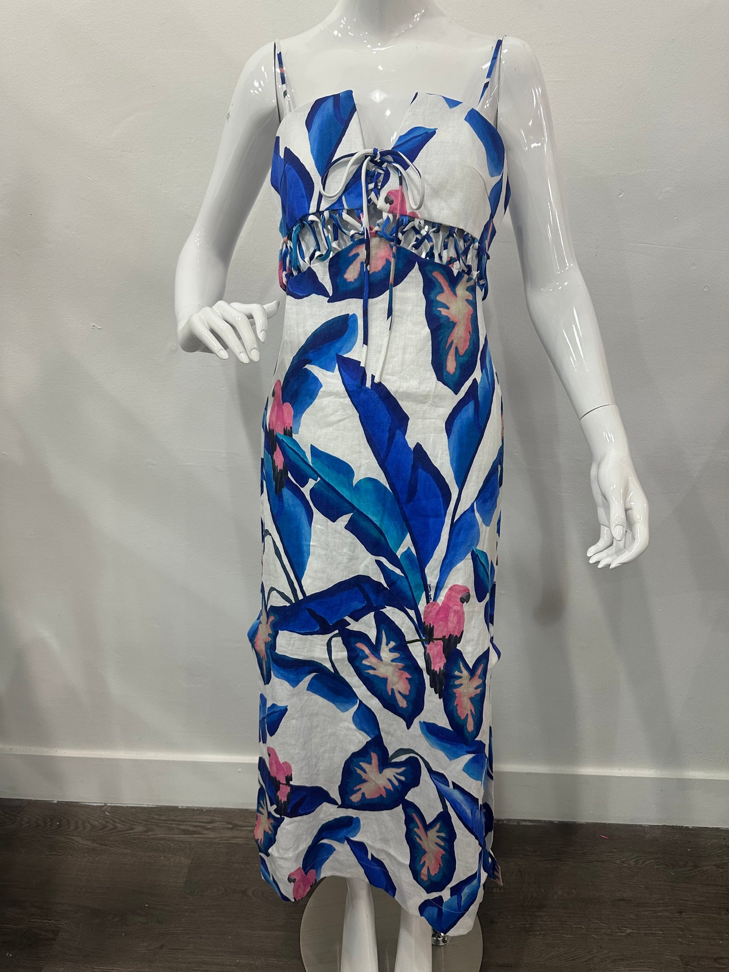 FARM Rio Linen Rear Zip Lace Front Printed Foliage Maxi Dress Blue White Size M