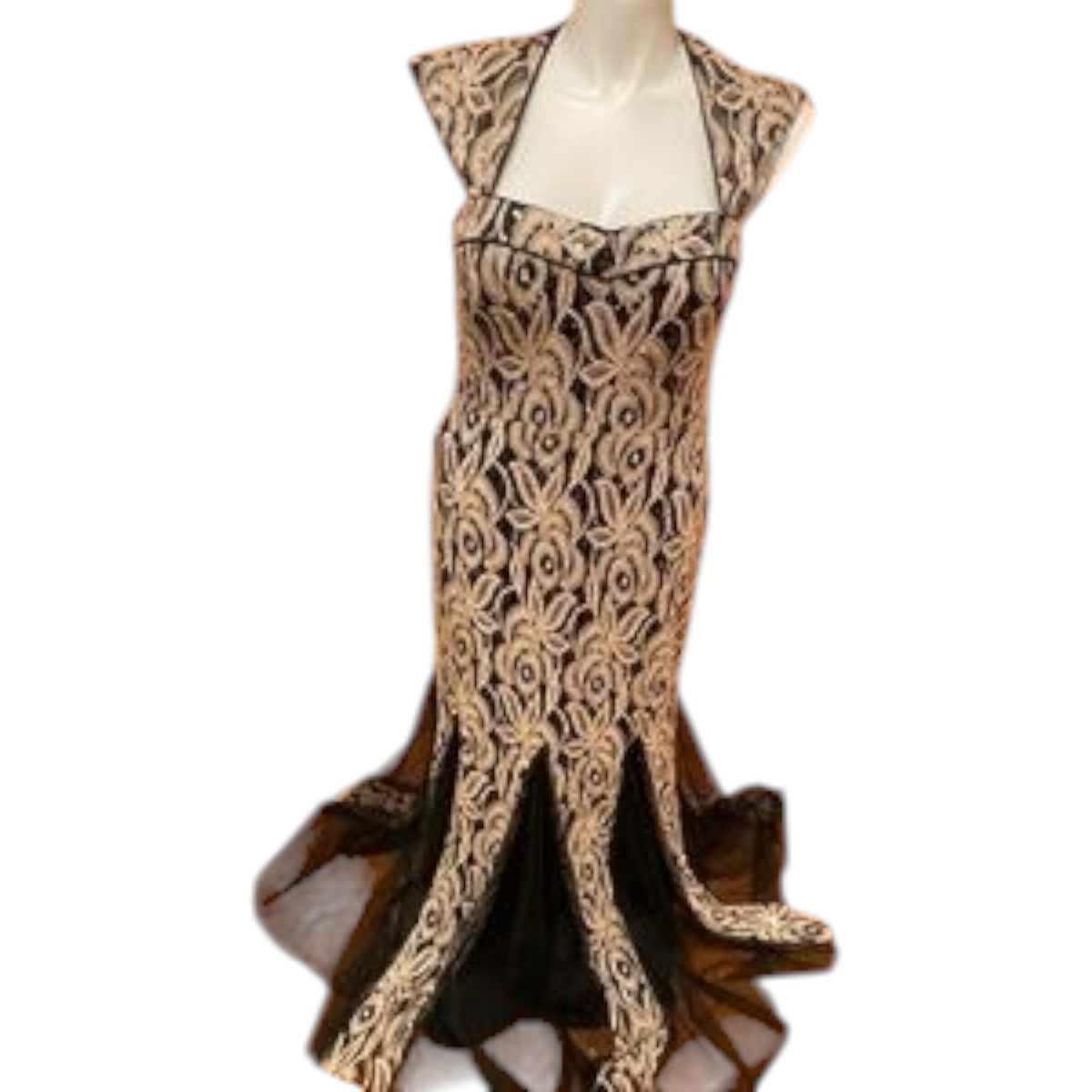 Betsy & Adam Black Beige Sequin Floral Embroidered Maxi Evening Dress