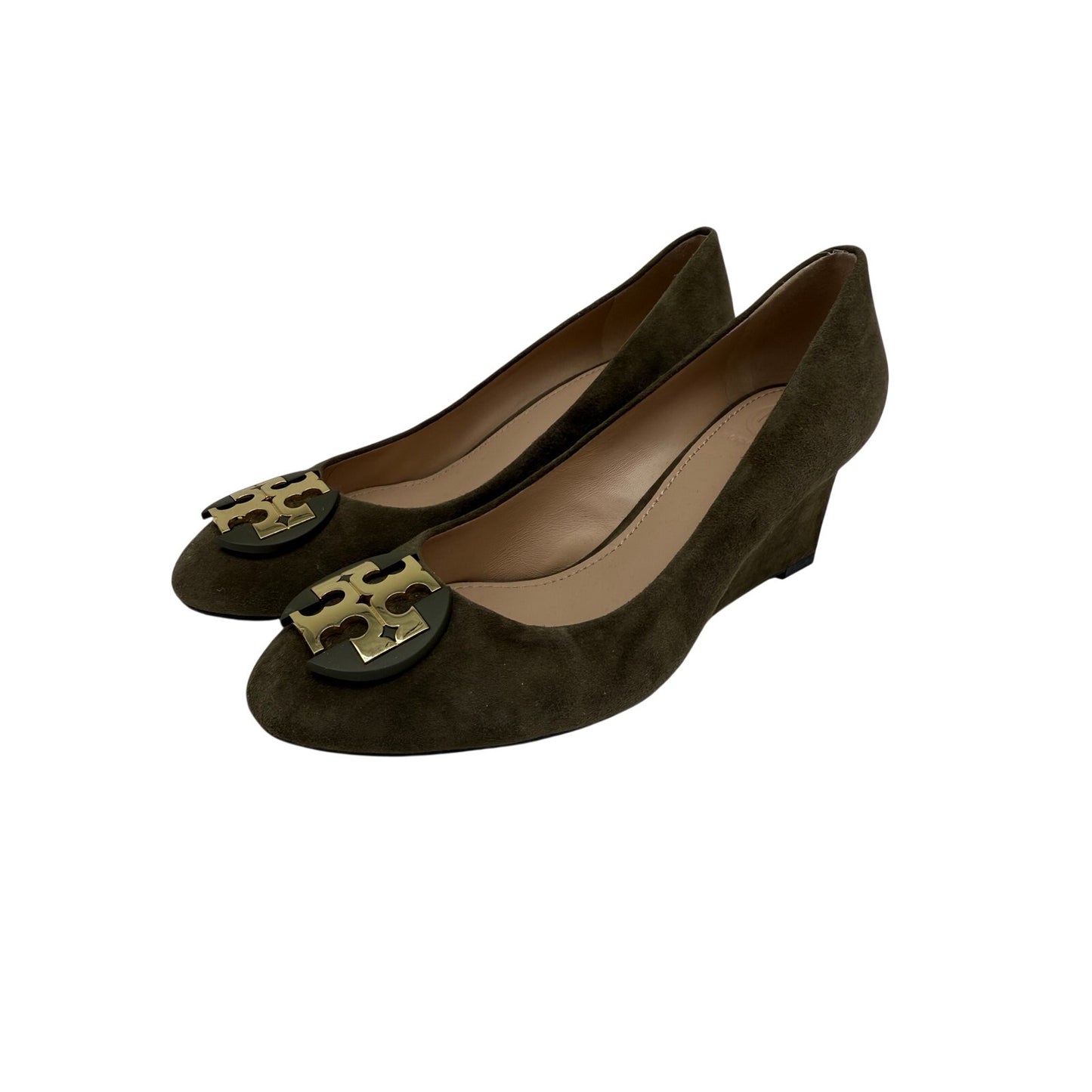 Tory Burch Suede Logo Accent Slip On Wedge Pumps