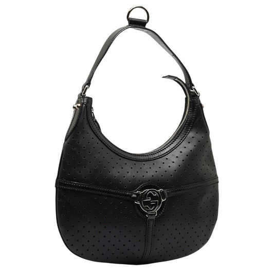 Gucci Perforated Leather GG Interlocking Accent Reins Hobo Bag Black