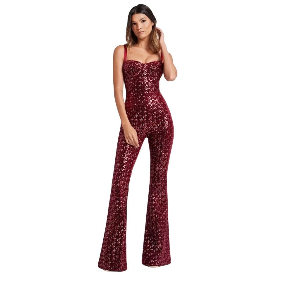 Nadine Merabi Velvet Sequined Embroidered Hailey Jumpsuit