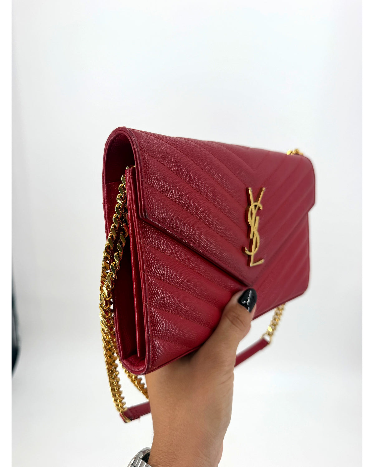 Saint Laurent YSL Matelasse Chevron Red Leather Chain Wallet