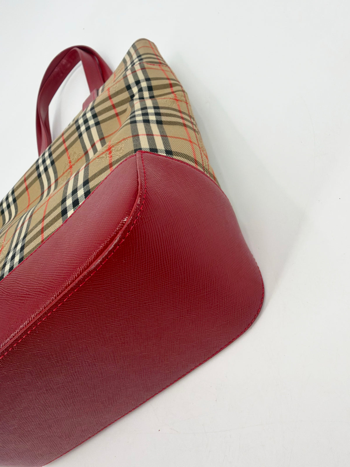 Burberry Nova Check Canvas Red Leather Tote Bag