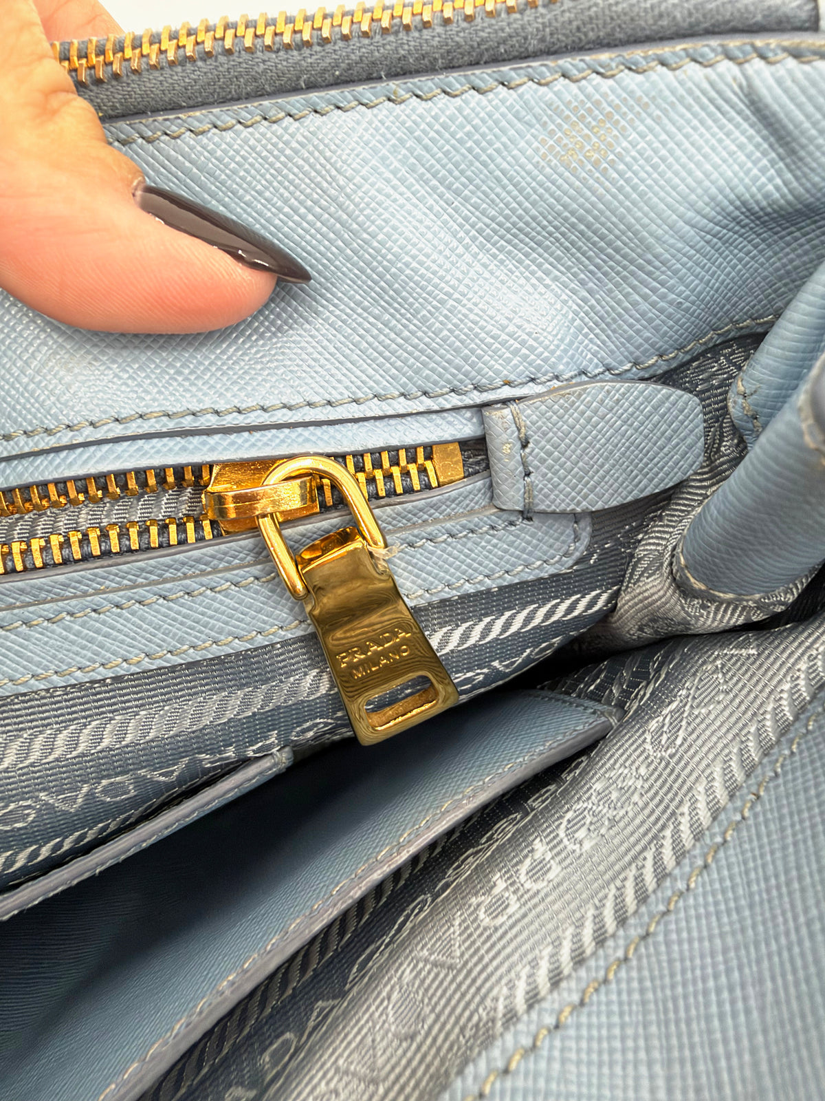 Prada Galleria Saffiano Lux Medium Double Zip Tote Periwinkle Blue Gold Hardware
