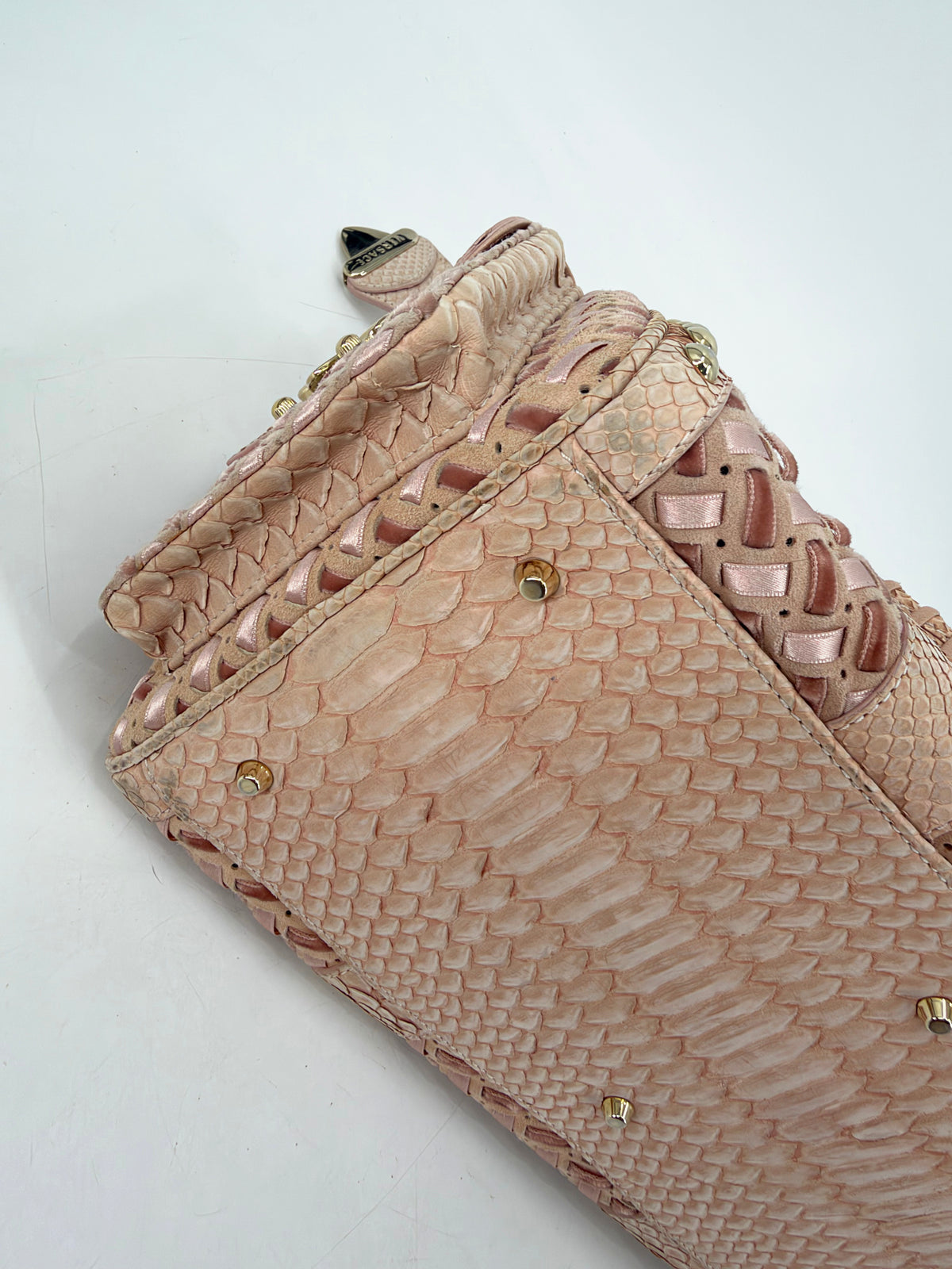 Versace Pink Woven Leather Studded Boston Satchel Python-Effect Trim Gold Logo Plaque