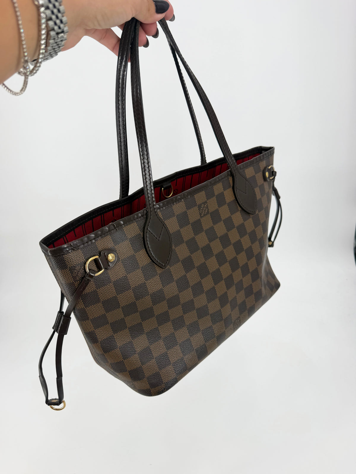 Louis Vuitton Damier Ebene Neverfull PM Tote Red Interior
