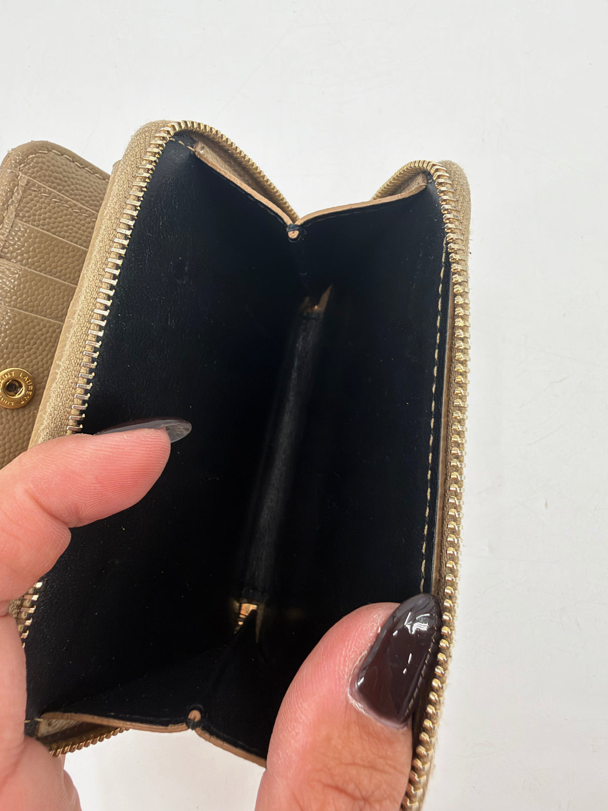Saint Laurent YSL Monogram Grain de Poudre Compact Wallet Tan Gold Hardware
