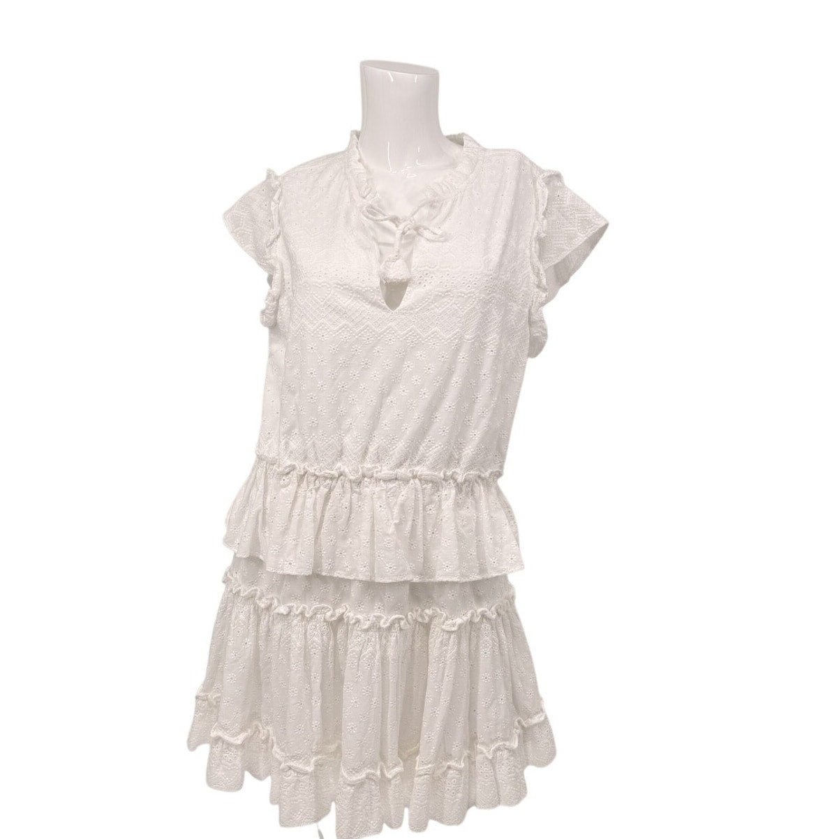 MISA Los Angeles Iliana  Eyelet Ruffle Tiered Mini Dress White Size Large