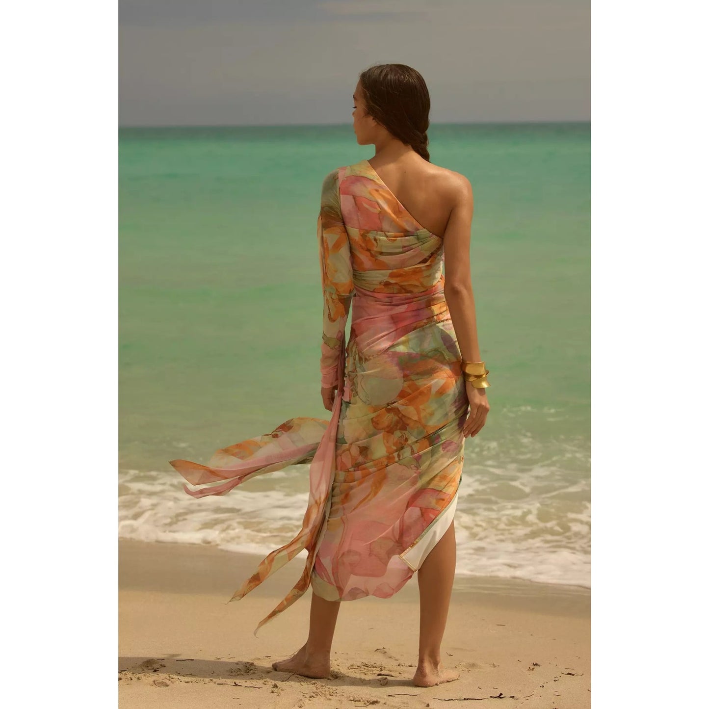 Andrea Iyamah Mesh Turi Abstract One-Shoulder Midi Dress