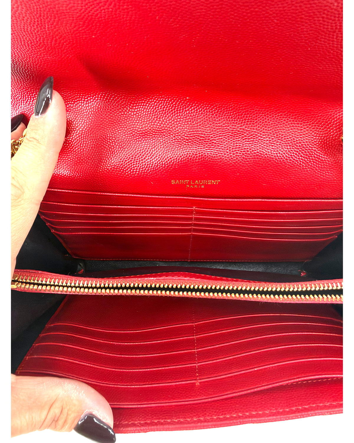 Saint Laurent YSL Matelasse Chevron Red Leather Chain Wallet