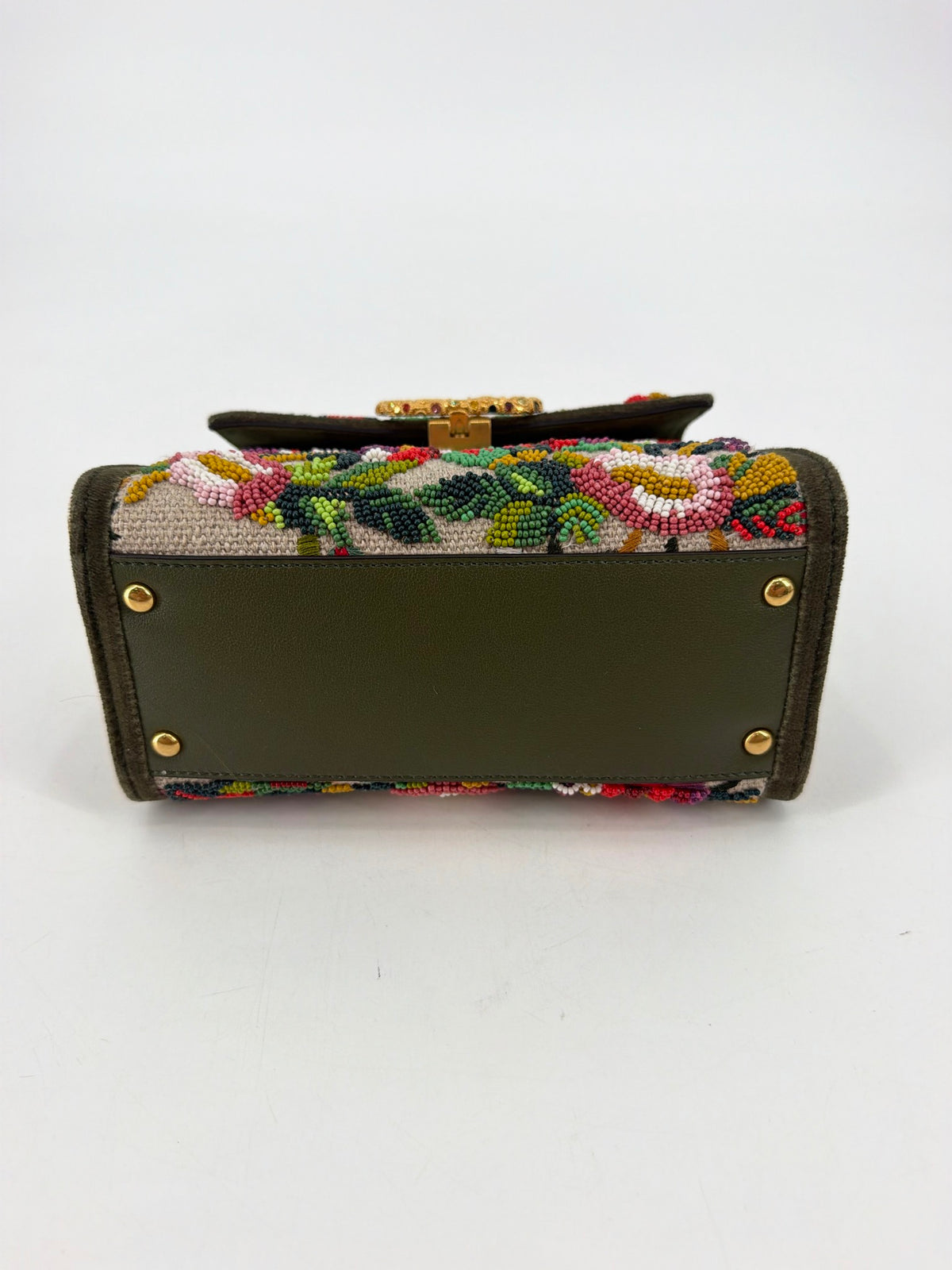 Valentino Garavani Mini VSling Floral Beaded Top Handle Bag Olive VLogo Jewel NEW