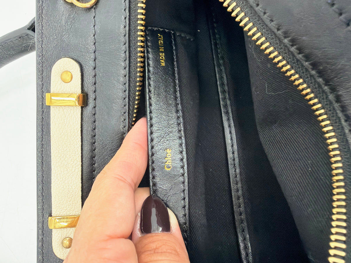 Chloe Alice Satchel Black Off-White Pebbled Leather Gold
