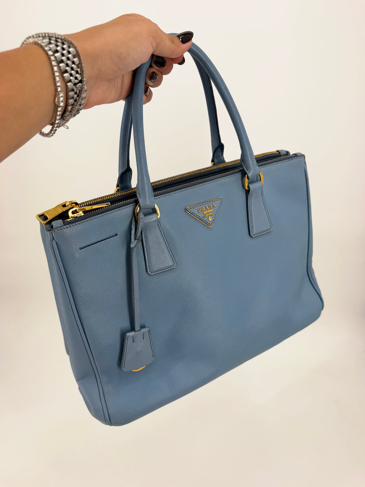 Prada Galleria Saffiano Lux Medium Double Zip Tote Periwinkle Blue Gold Hardware