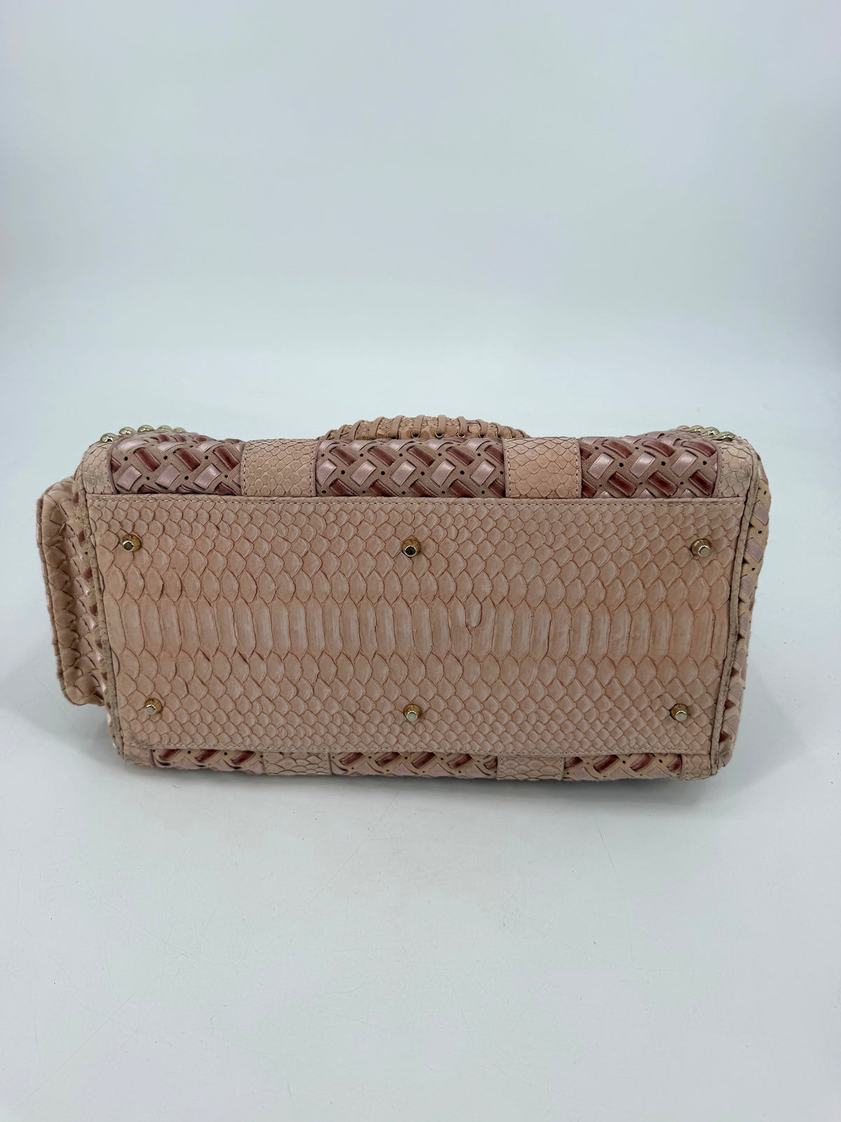 Versace Pink Woven Leather Studded Boston Satchel Python-Effect Trim Gold Logo Plaque