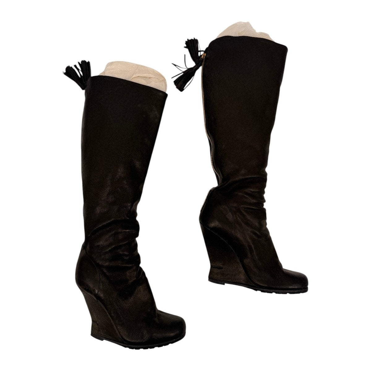 YSL Yves Saint Laurent Leather Wedge Knee High Boots Black Women's Size 38.5