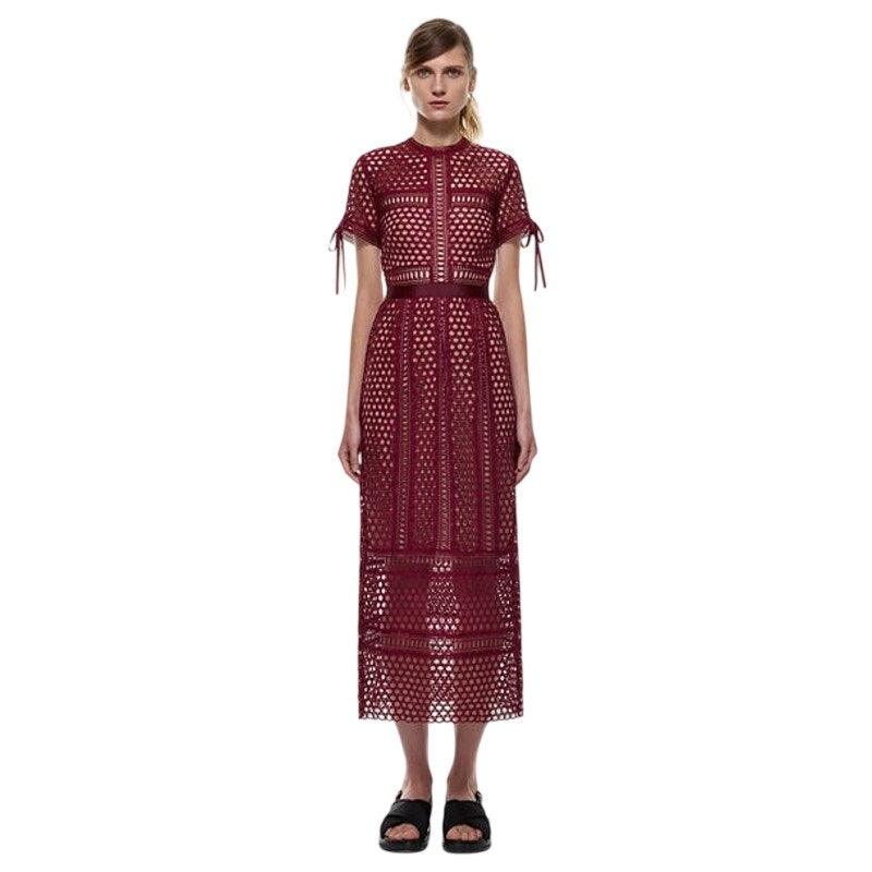 Self-Portrait Burgundy Lace Column Short Sleeve Midi Dress