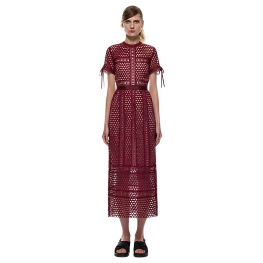 Self-Portrait Burgundy Lace Column Short Sleeve Midi Dress