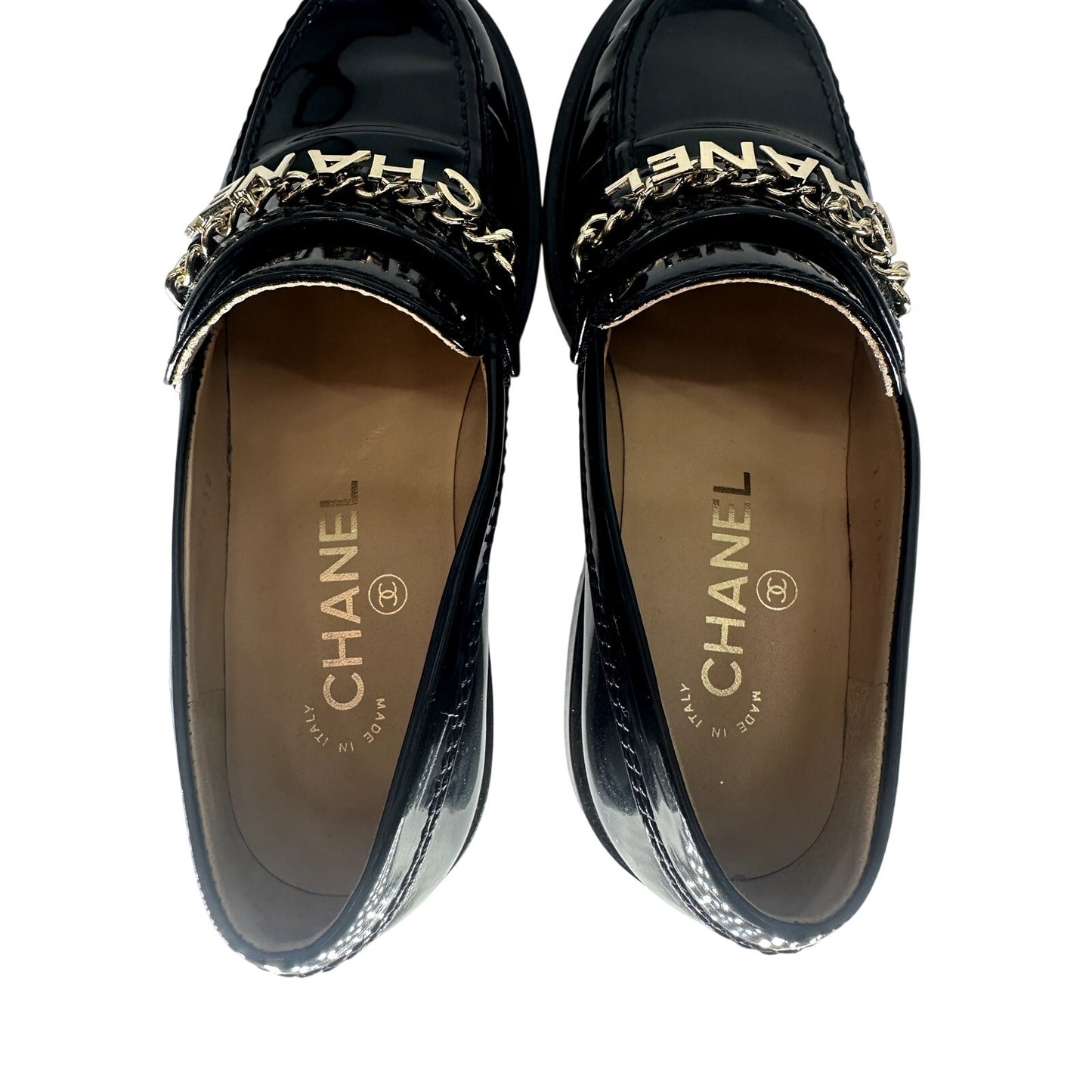 Chanel Patent Leather Logo Chain Flat Loafers