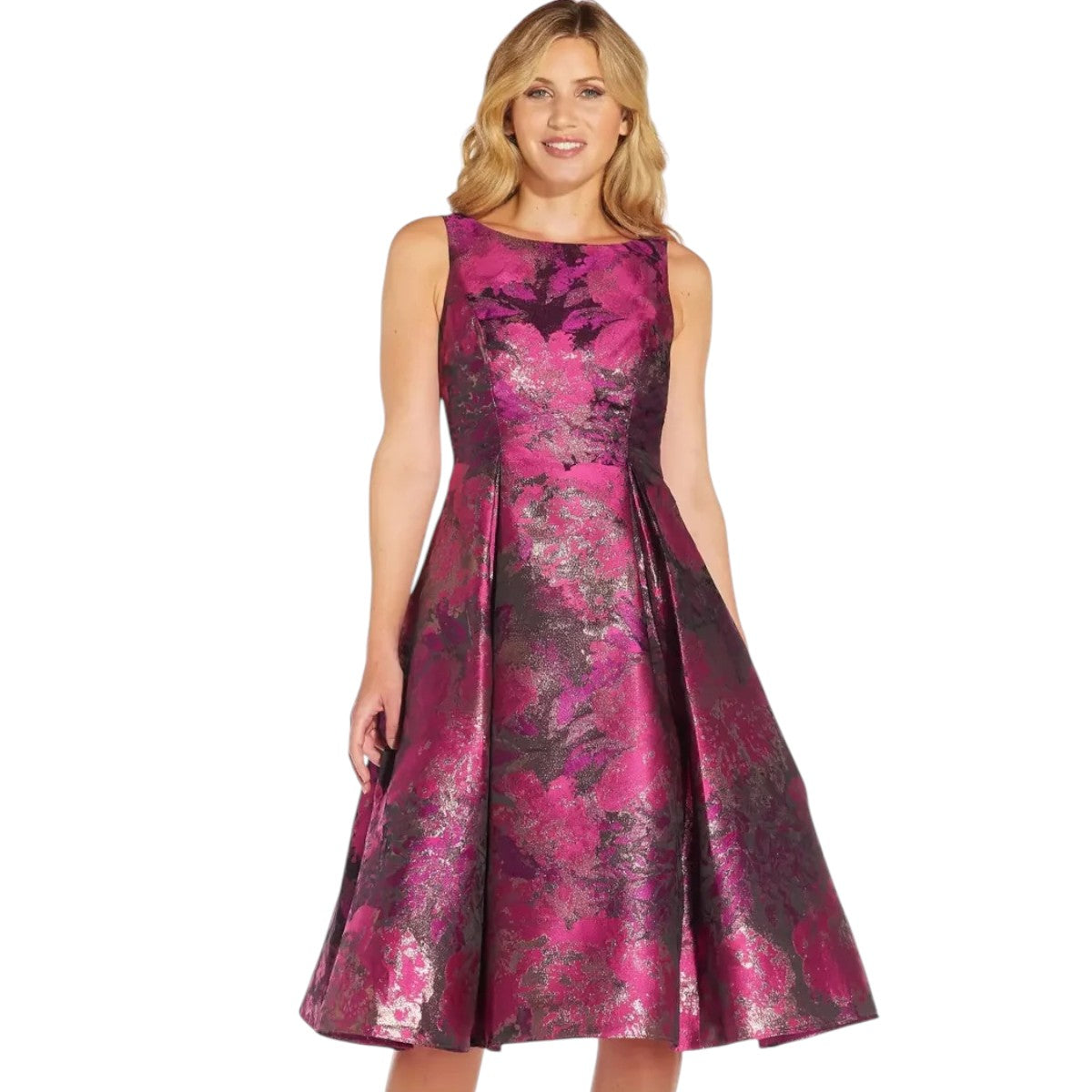 Adrianna Papell Floral Jacquard Pleated Tea Length Dress Pink Purple Size 6