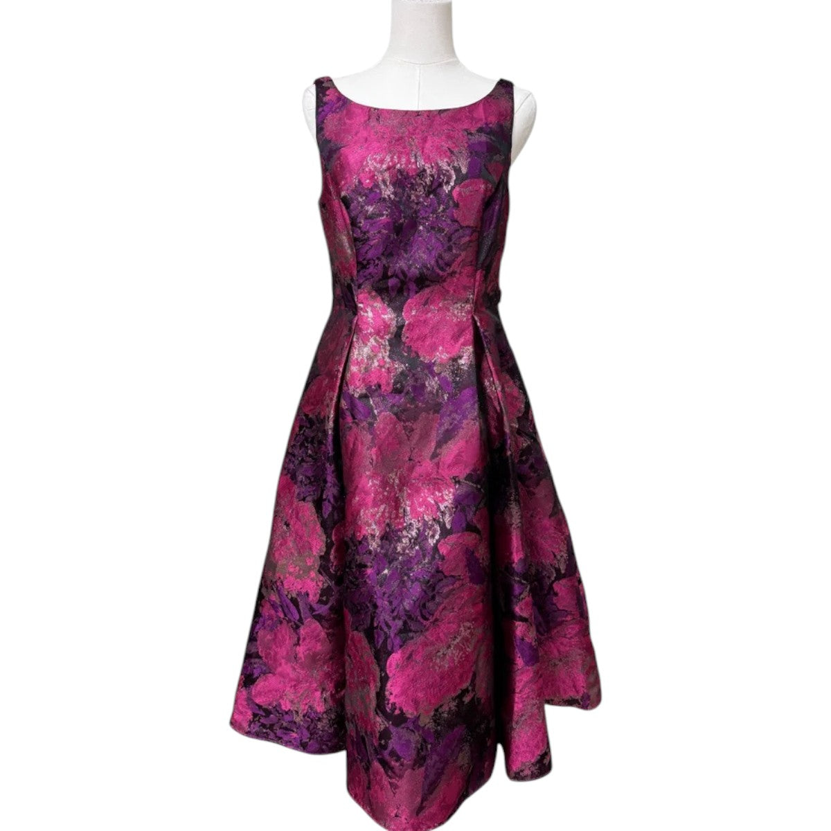 Adrianna Papell Floral Jacquard Pleated Tea Length Dress Pink Purple Size 6