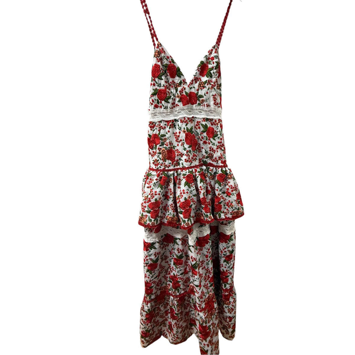 Alexis Naomie Tiered Rose Embroidered Pleated Peplum Maxi Dress White Red Size L