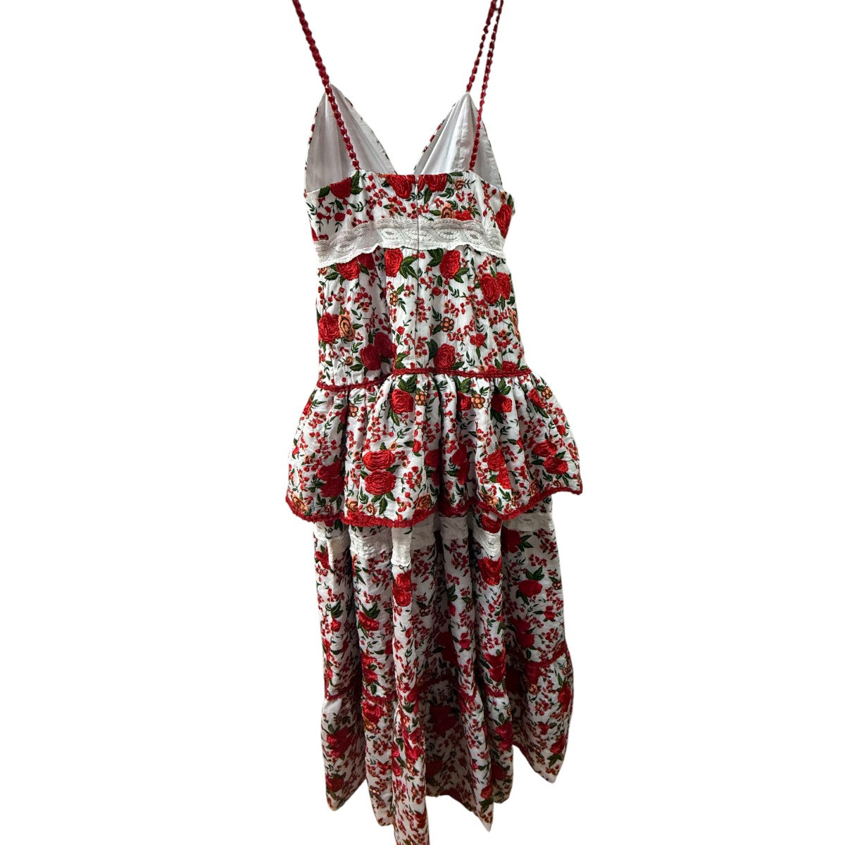 Alexis Naomie Tiered Rose Embroidered Pleated Peplum Maxi Dress White Red Size L