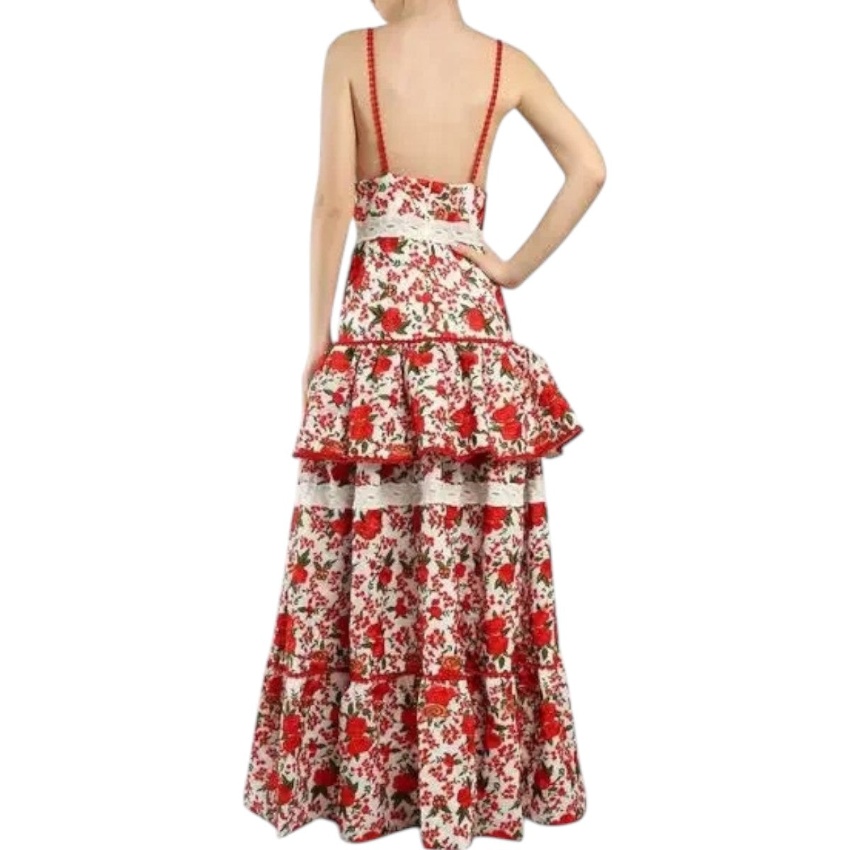 Alexis Naomie Tiered Rose Embroidered Pleated Peplum Maxi Dress White Red Size L