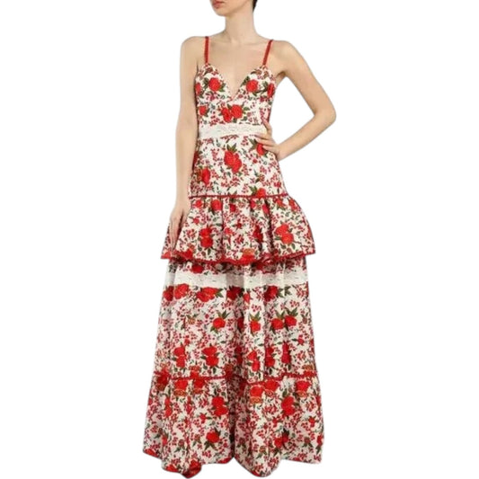 Alexis Naomie Tiered Rose Embroidered Pleated Peplum Maxi Dress White Red Size L