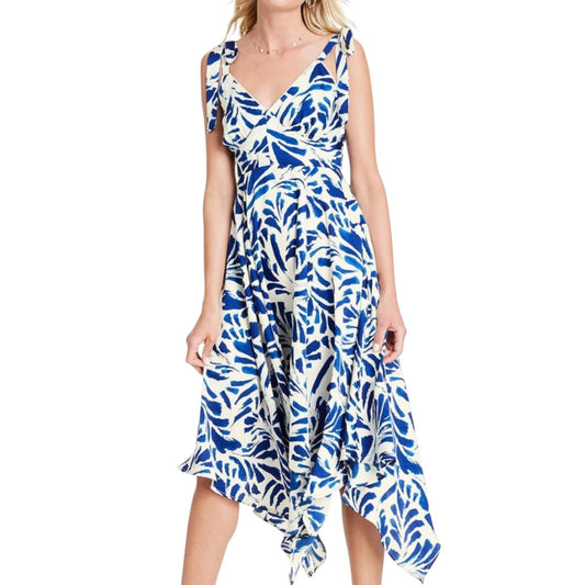 Alexis Target Floral Print A-Line Asymmetrical Midi Dress Blue White
