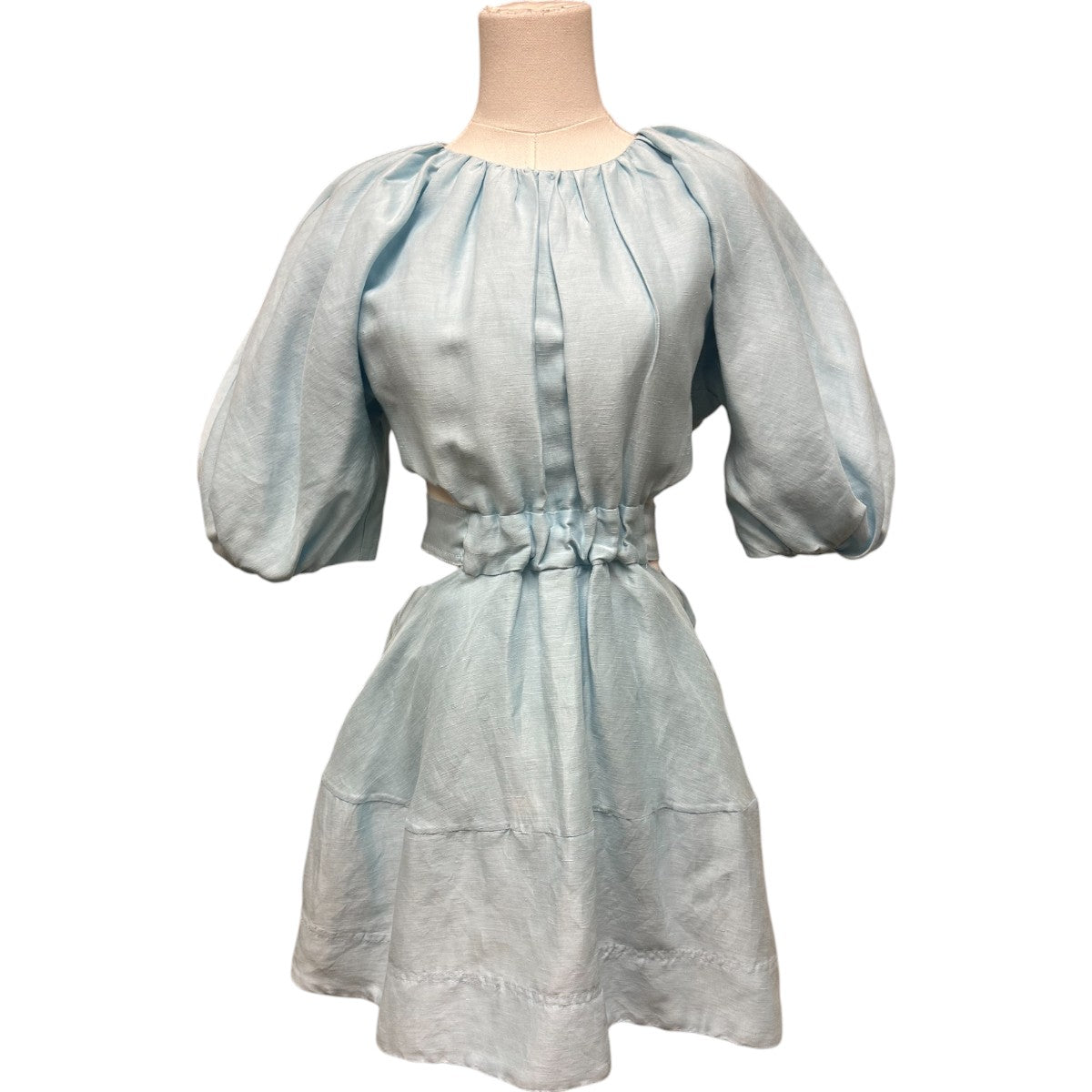 AJE Psychedelia Light Blue Puff Sleeve Cut-Out Pleated A-Line Mini Dress Size 8