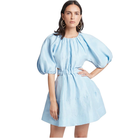 AJE Psychedelia Light Blue Puff Sleeve Cut-Out Pleated A-Line Mini Dress Size 8