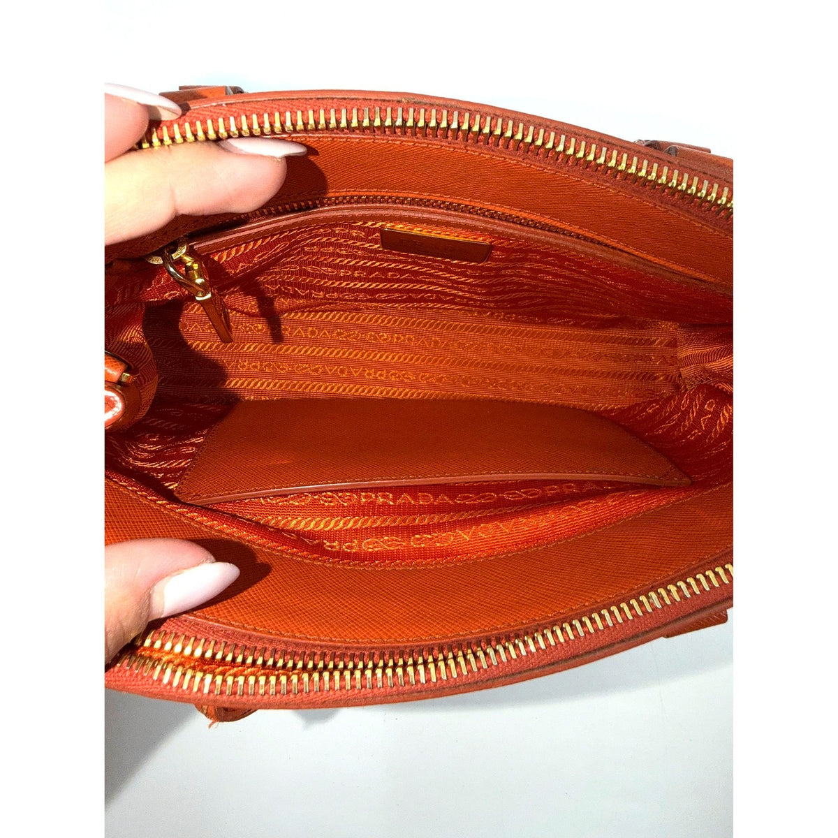 Prada Galleria Saffiano Leather Small Double Zip Tote Orange Gold Hardware Strap