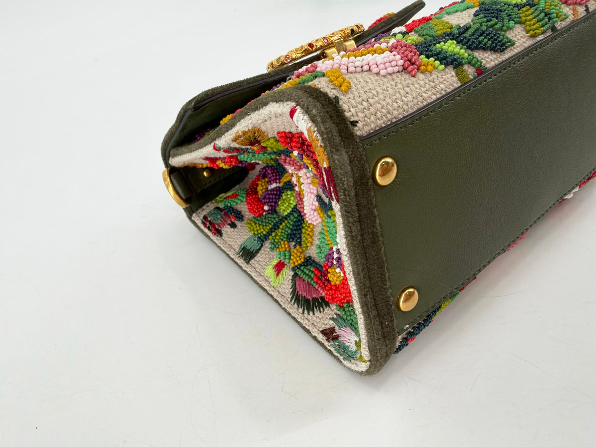 Valentino Garavani Mini VSling Floral Beaded Top Handle Bag Olive VLogo Jewel NEW