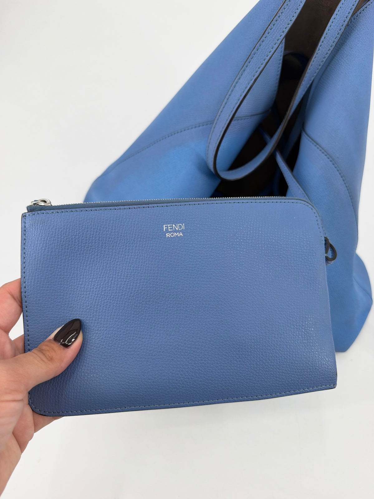 Fendi F Is Fendi Blue Leather Shopper Tote Bag