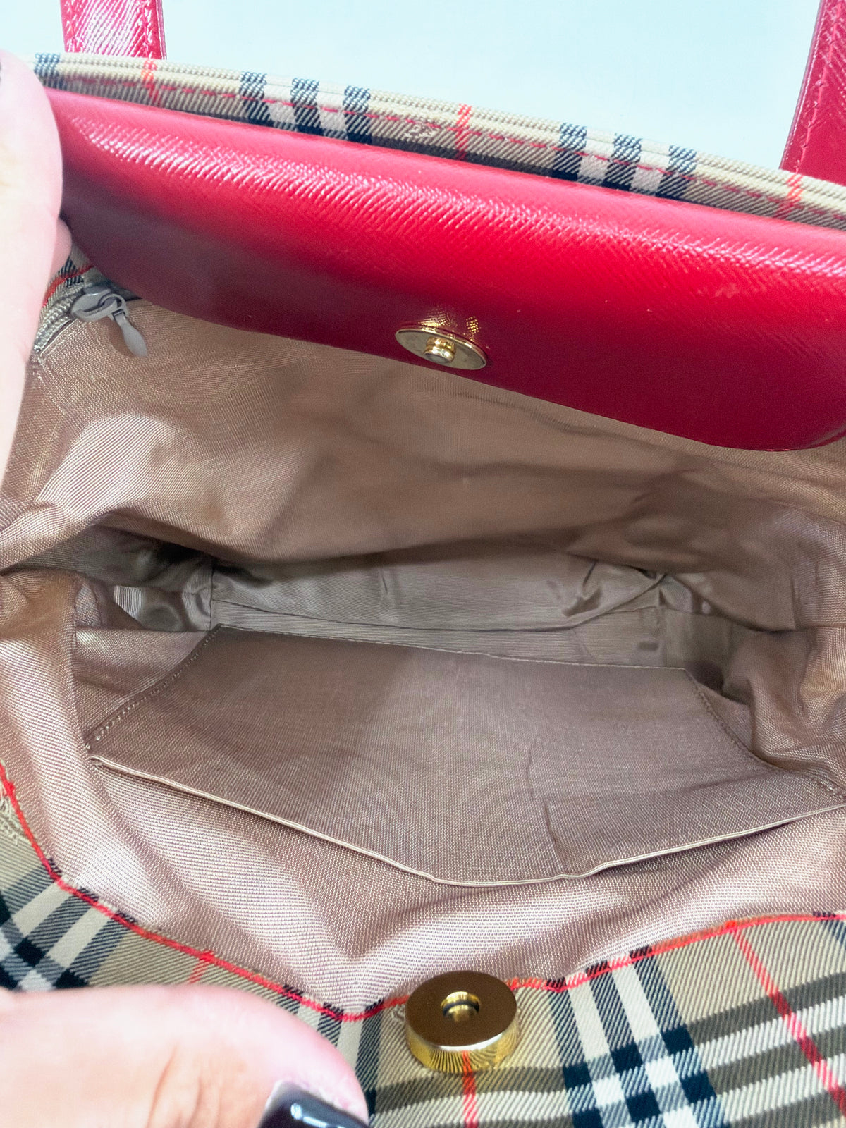 Burberry Nova Check Canvas Red Leather Tote Bag