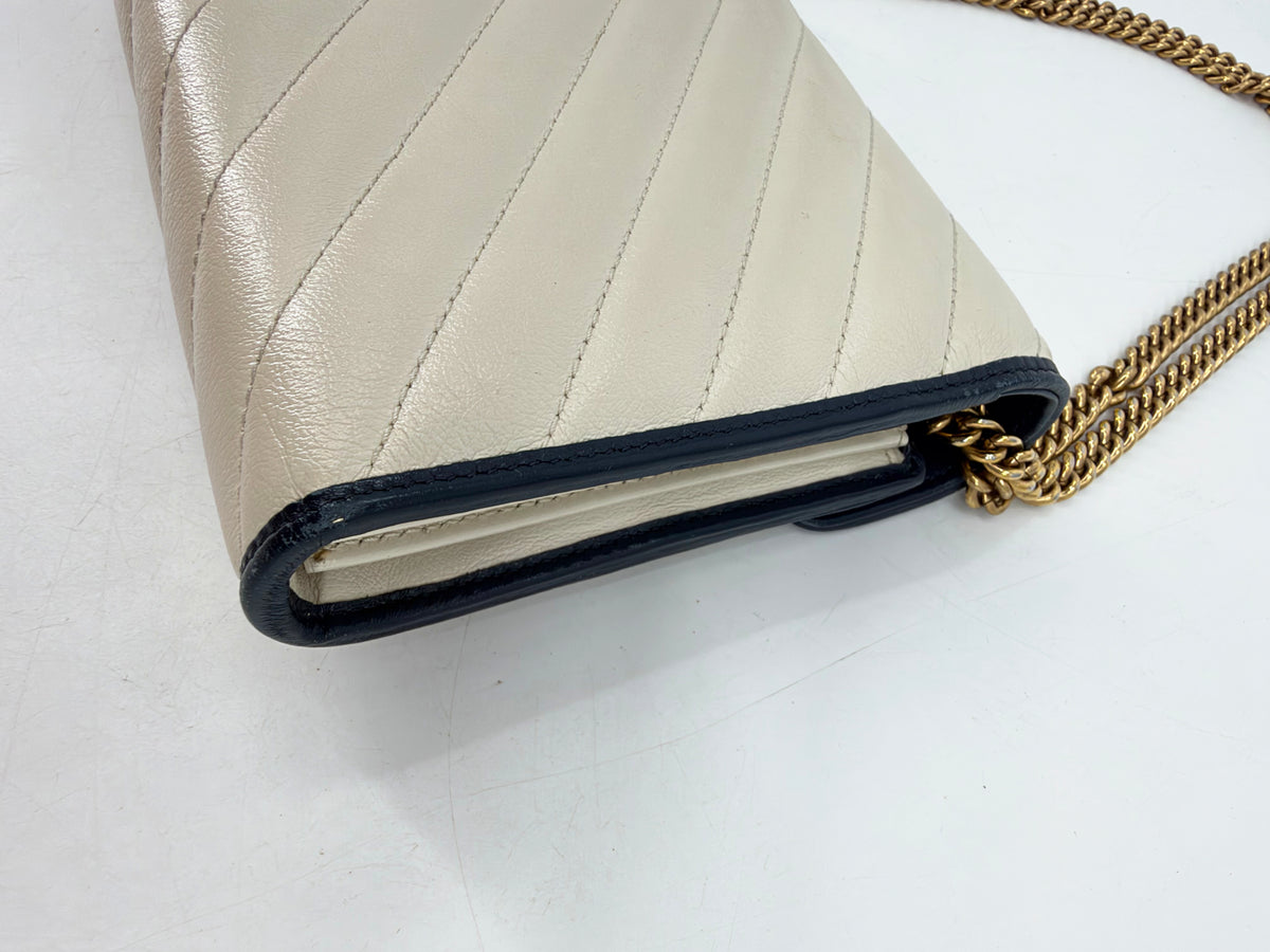Gucci GG Marmont Torchon White Leather Flap Wallet Navy Trim