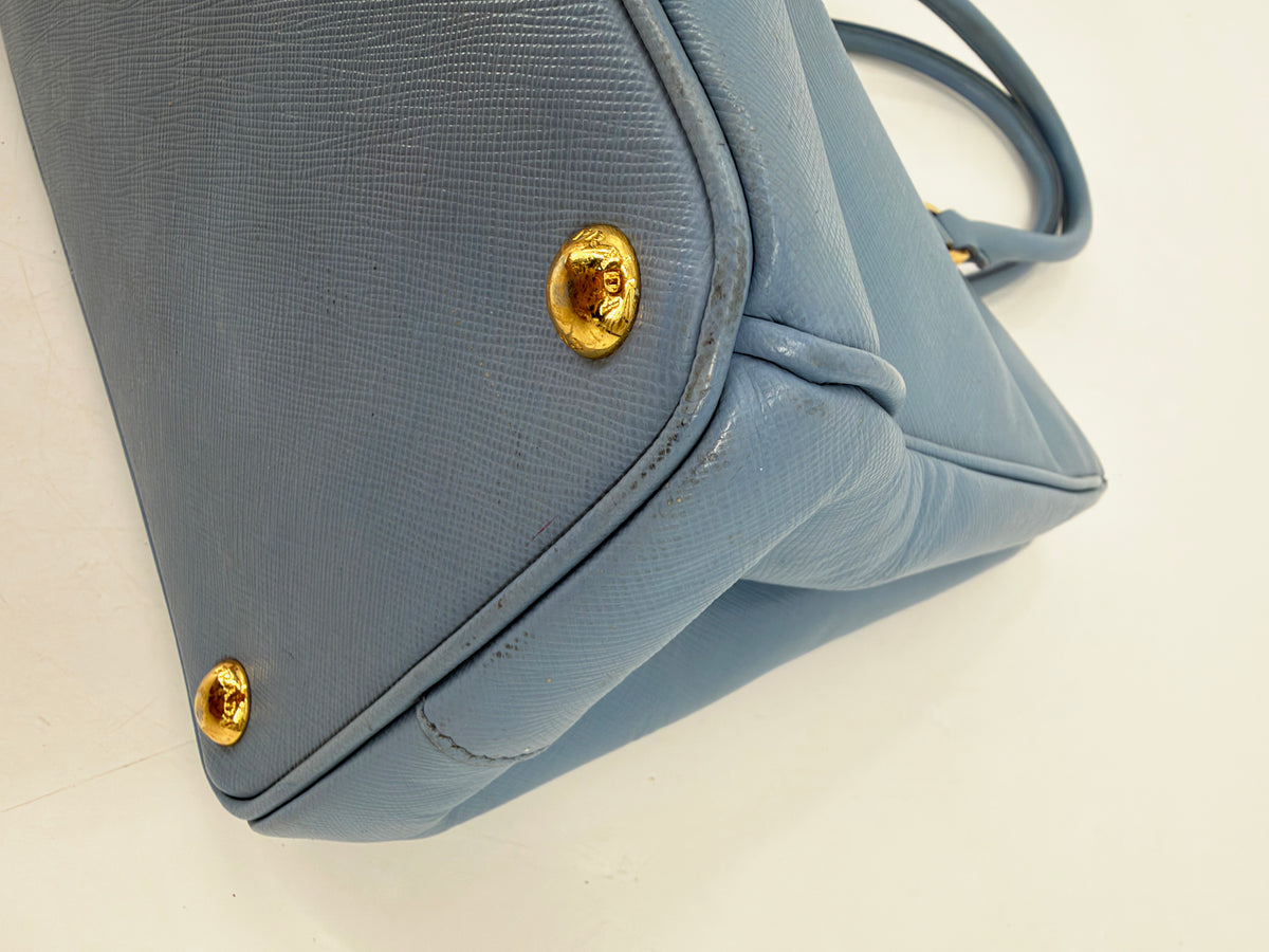 Prada Galleria Saffiano Lux Medium Double Zip Tote Periwinkle Blue Gold Hardware