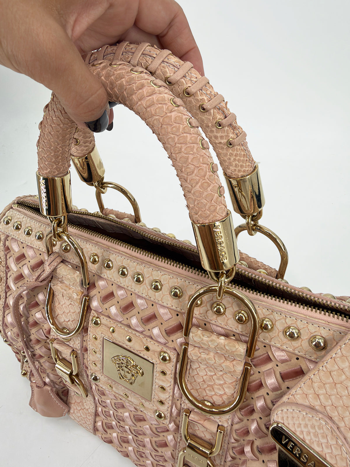 Versace Pink Woven Leather Studded Boston Satchel Python-Effect Trim Gold Logo Plaque