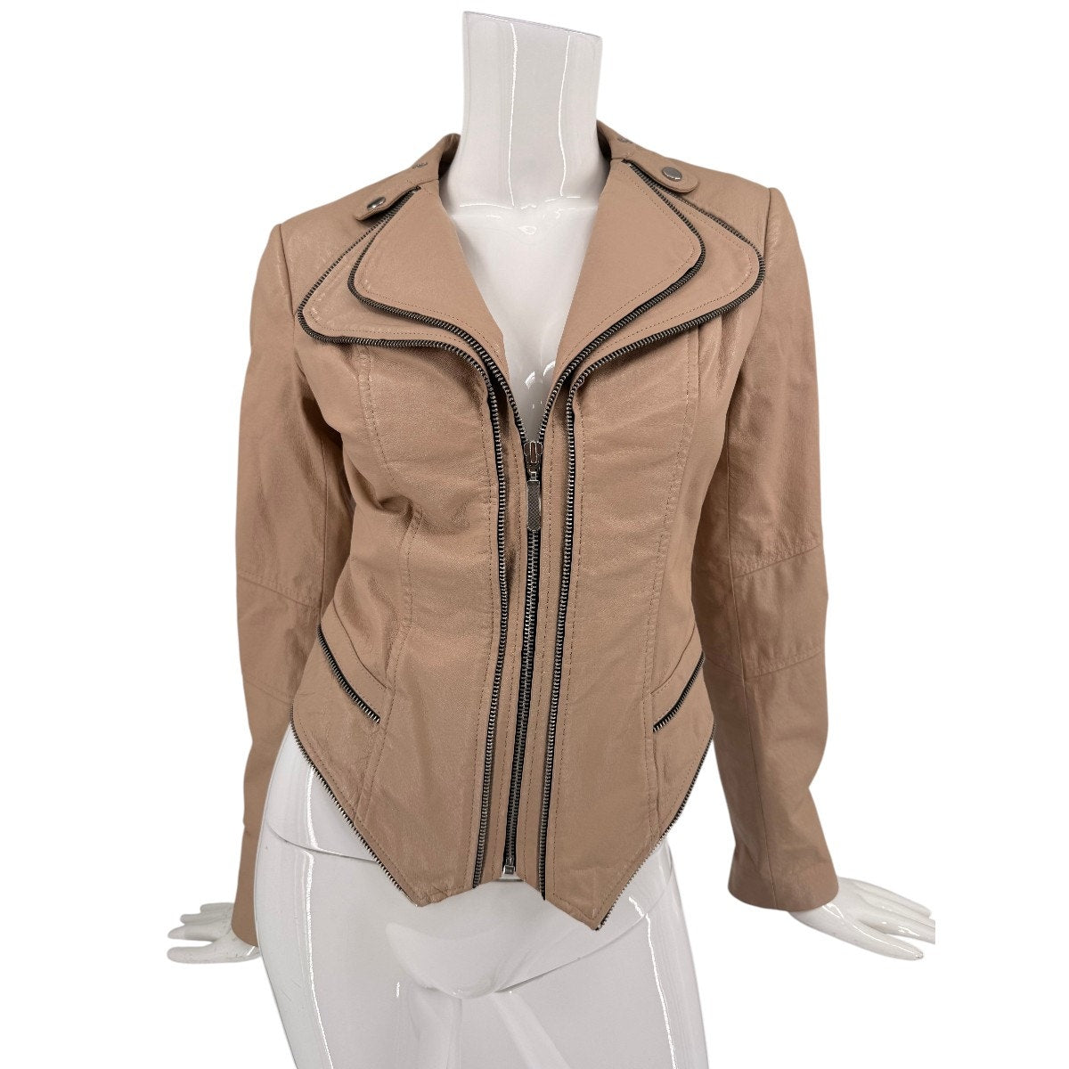 G.I.L.I. Genuine Leather Zip Up Moto Jacket Nude Beige Size 0