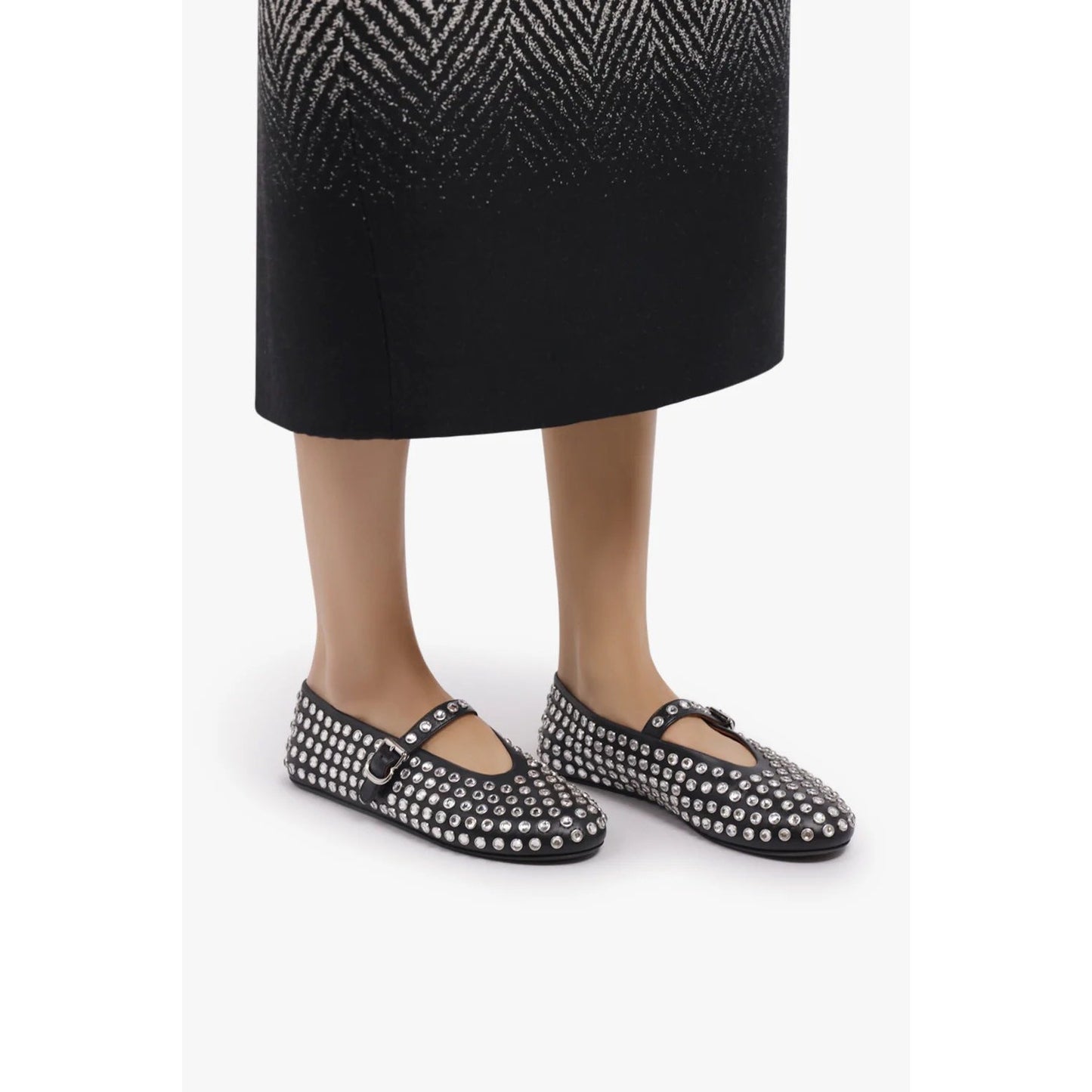 ALAÏA Black Leather Crystal Embellished Mary Jane Ballet Flats
