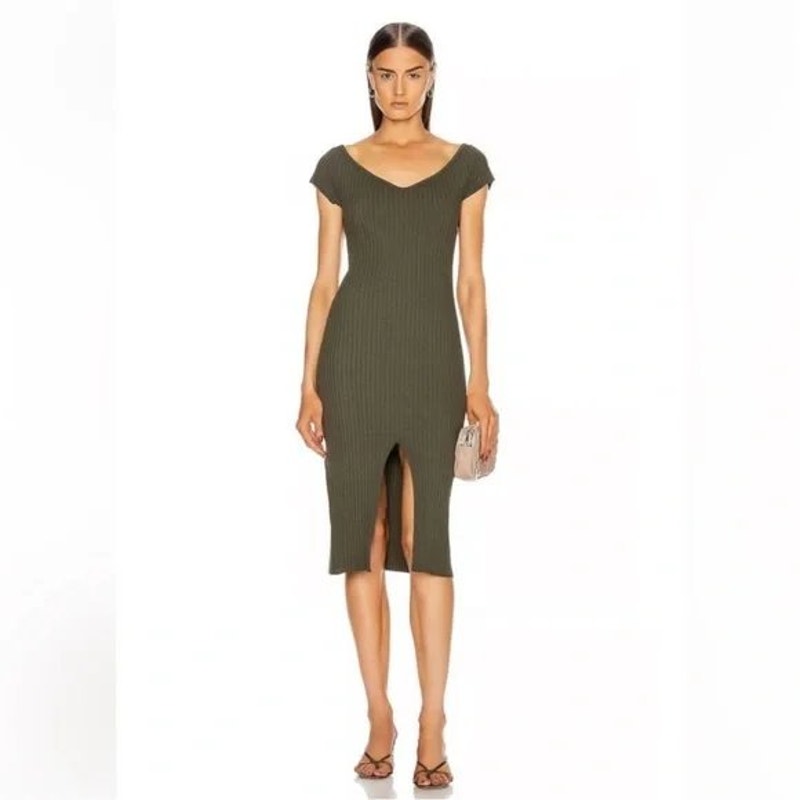 Enza Costa Cotton Knit V-Neck Cap Sleeve Slit Midi Dress