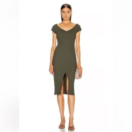 Enza Costa Cotton Knit V-Neck Cap Sleeve Slit Midi Dress