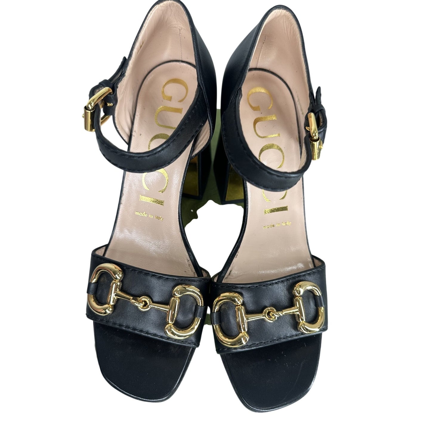 Gucci Leather Horsebit Accent Block Heel Ankle Strap Sandals