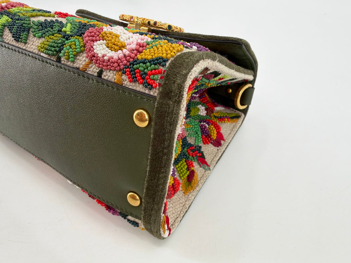 Valentino Garavani Mini VSling Floral Beaded Top Handle Bag Olive VLogo Jewel NEW