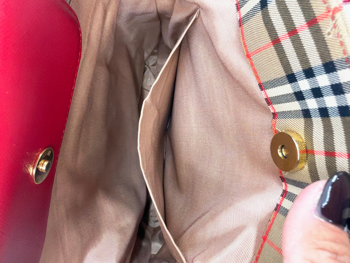 Burberry Nova Check Canvas Red Leather Tote Bag
