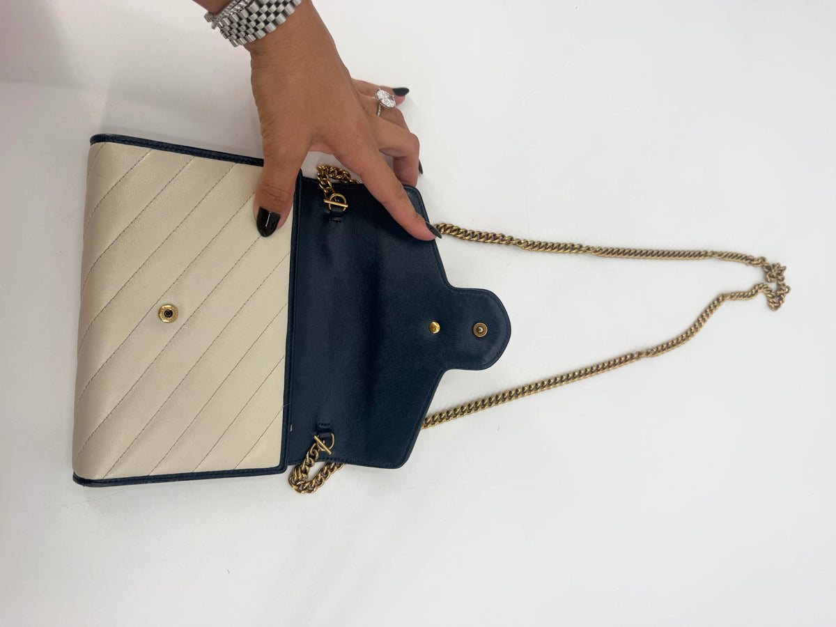 Gucci GG Marmont Torchon White Leather Flap Wallet Navy Trim