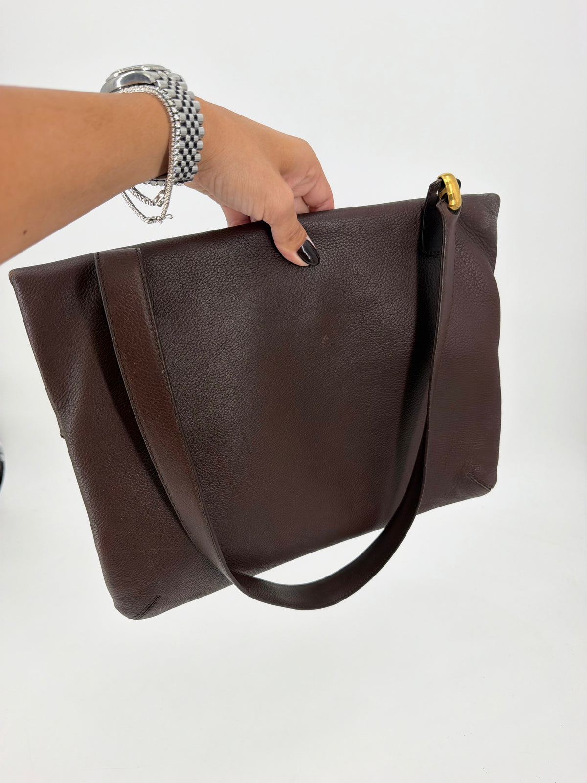 Loewe Vintage Dark Brown Leather Fold-Over Shoulder Bag Gold Plaque