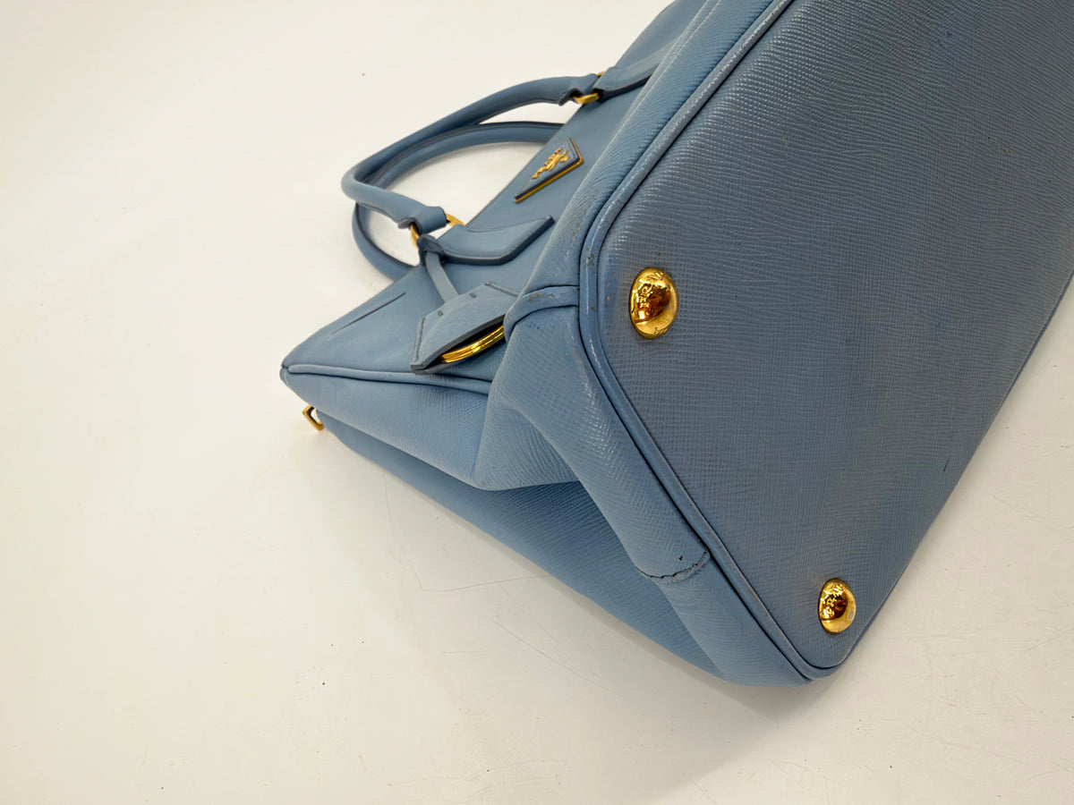 Prada Galleria Saffiano Lux Medium Double Zip Tote Periwinkle Blue Gold Hardware